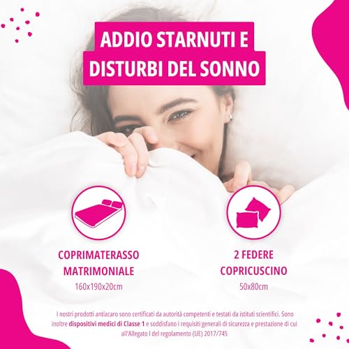Allergosystem Set Coprimaterasso Antiacaro Matrimoniale con Cerniera 160x190cm e 2 Federe Cuscino Letto 50x80cm - Dispositivo Medico Antiacaro e Anallergico MADE IN ITALY - Linea Sogno - Prova pratica