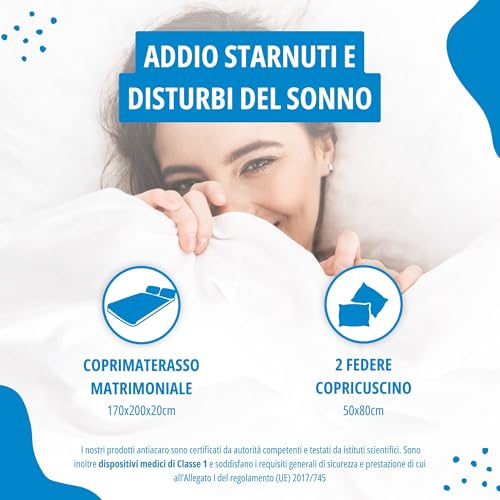 Allergosystem Set Coprimaterasso Antiacaro Matrimoniale con Cerniera 170x200cm e 2 Federe Cuscino Letto 50x80cm - Dispositivo Medico Antiacaro e Anallergico MADE IN ITALY - Linea Nuvola - Prova pratica