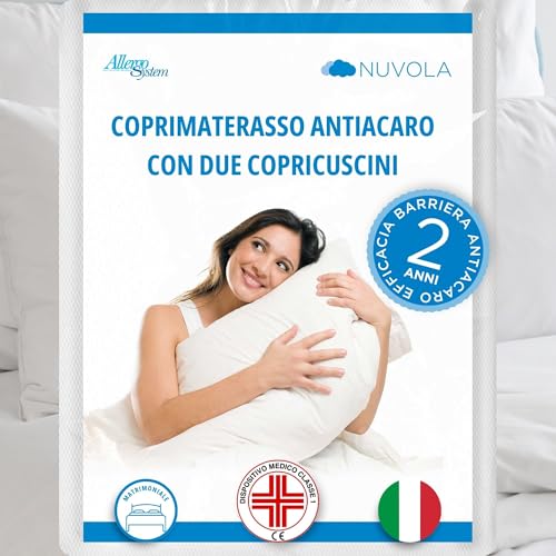 Allergosystem Set Coprimaterasso Antiacaro Matrimoniale con Cerniera 170x200cm e 2 Federe Cuscino Letto 50x80cm - Dispositivo Medico Antiacaro e Anallergico MADE IN ITALY - Linea Nuvola - Design e materiali