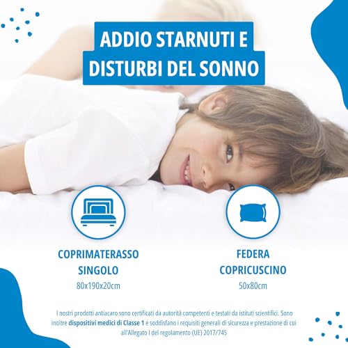 Allergosystem Set Coprimaterasso Antiacaro Singolo con Cerniera 80x190cm e Copriscuscino Letto 50x80cm - Dispositivo Medico Antiacaro e Anallergico MADE IN ITALY - Linea Nuvola - Prova pratica
