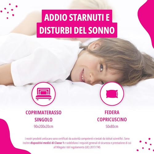 Allergosystem Set Coprimaterasso Antiacaro Singolo con Cerniera 90x200cm e Copriscuscino Letto 50x80cm - Dispositivo Medico Antiacaro e Anallergico MADE IN ITALY - Linea Sogno - Prova pratica
